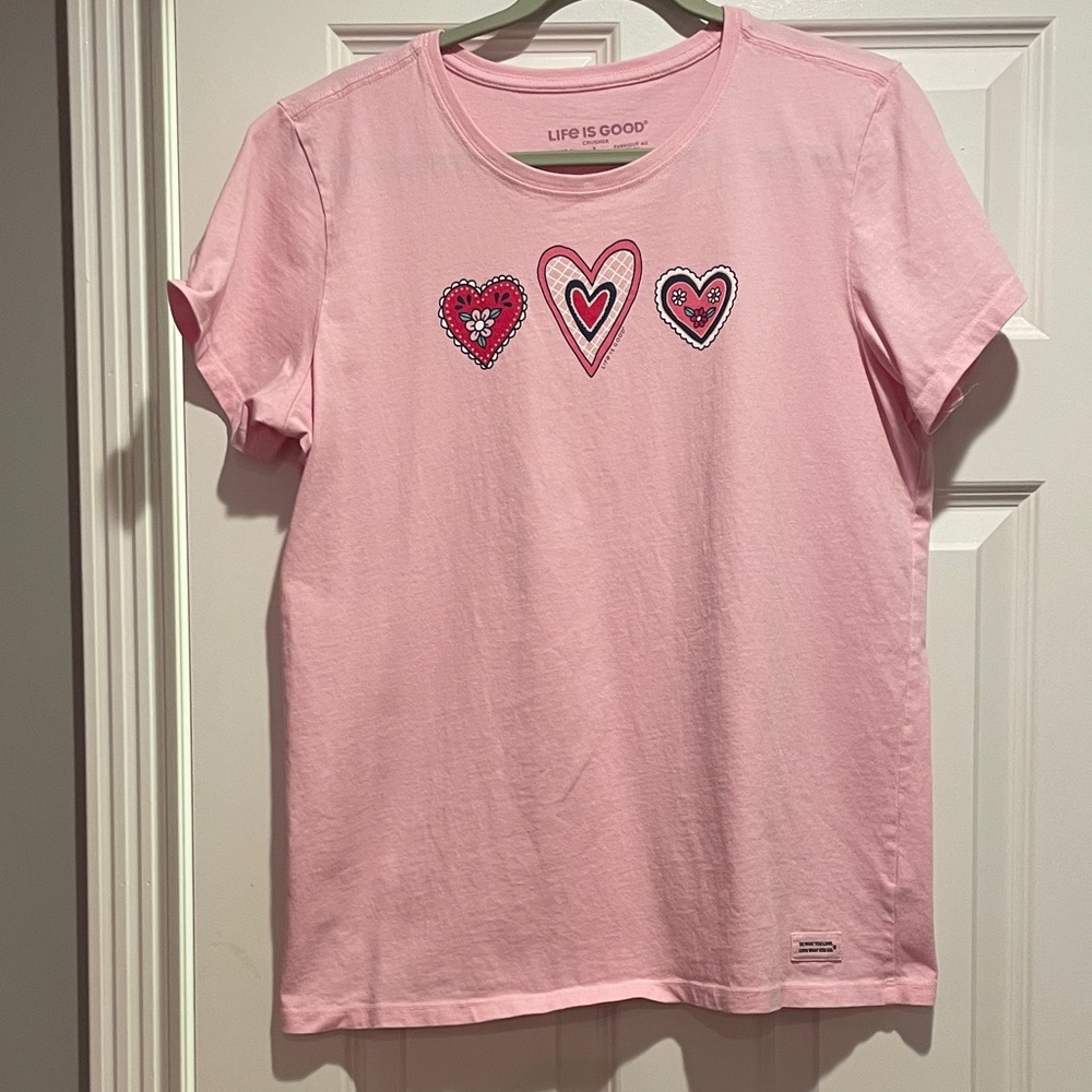 Life Is Good Light Pink Short Sleeve Tee with Heart Trio
